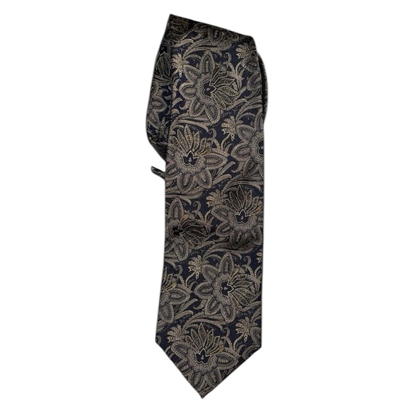 ROBERT TALBOTT TIE BEST OF CLASS SILK FLORAL PRINT YELLOW METALLIC BEIGE NAVY